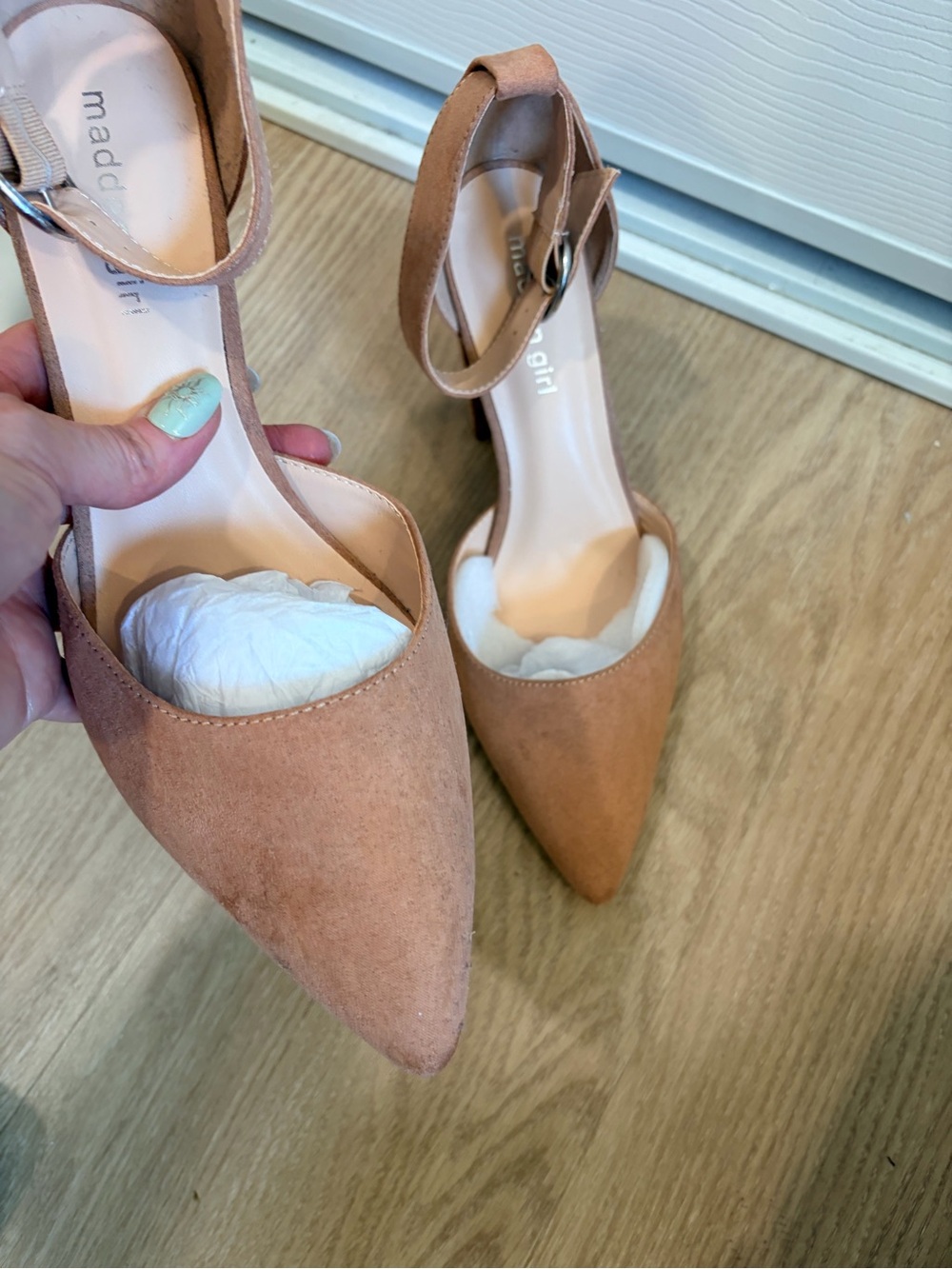 Madden Girl Tan Suede Pointed-Toe Ankle-Strap Heels